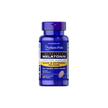 Puritan's Pride Melatonin 5 mg offers 60 bi-layered tablets in a blue bottle designed for quick and extended release, aiding sleep by utilizing the sleep hormone, making it a reliable ally against jet lag.